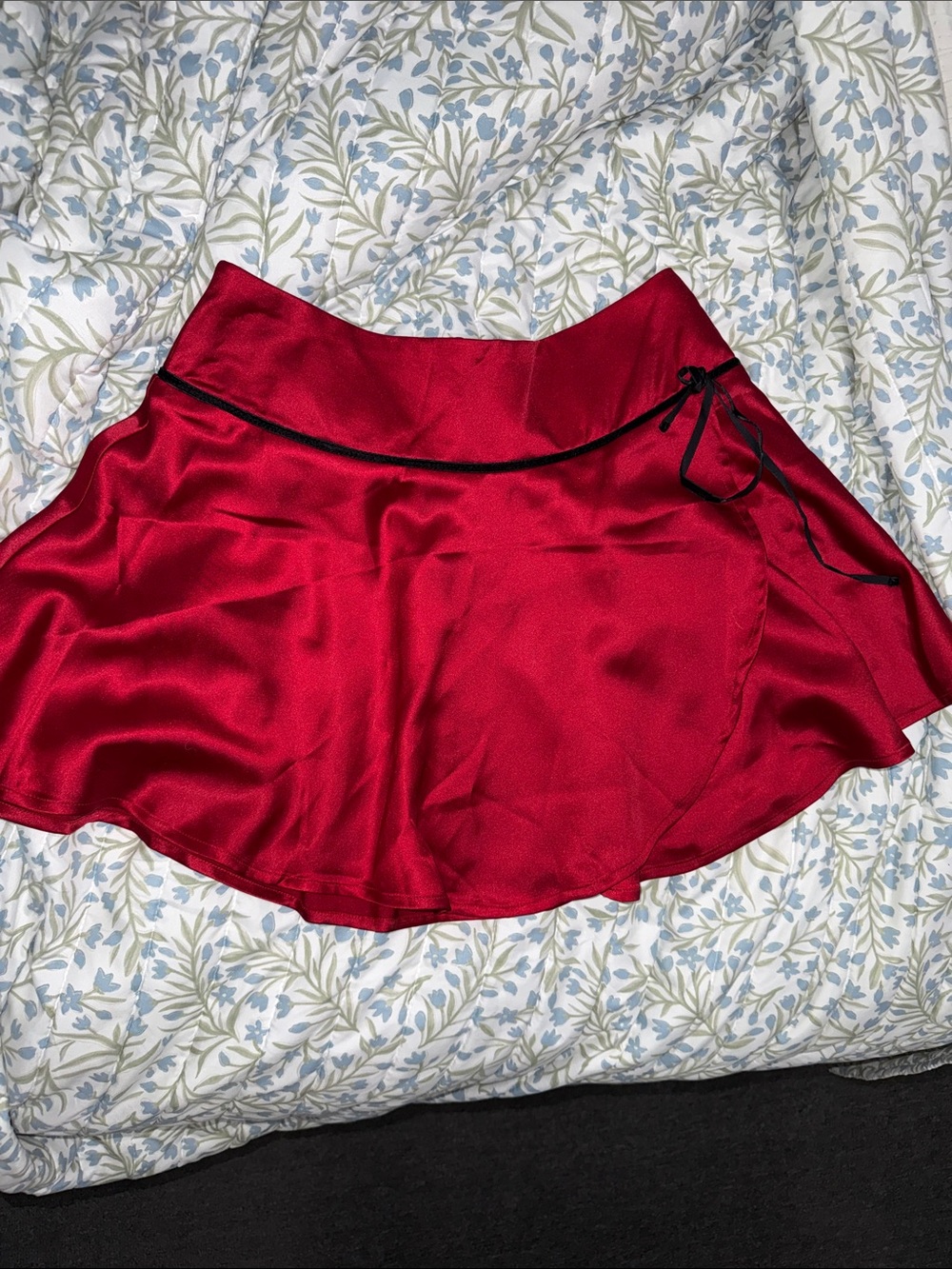 Kohl's Red Satin Skater Wrap Skirt with Black Trim